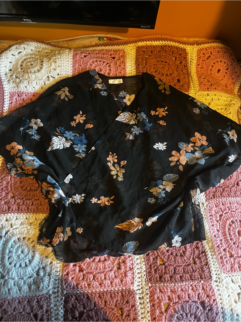 Garage Black Floral Wrap Top with Blue and Beige Flowers